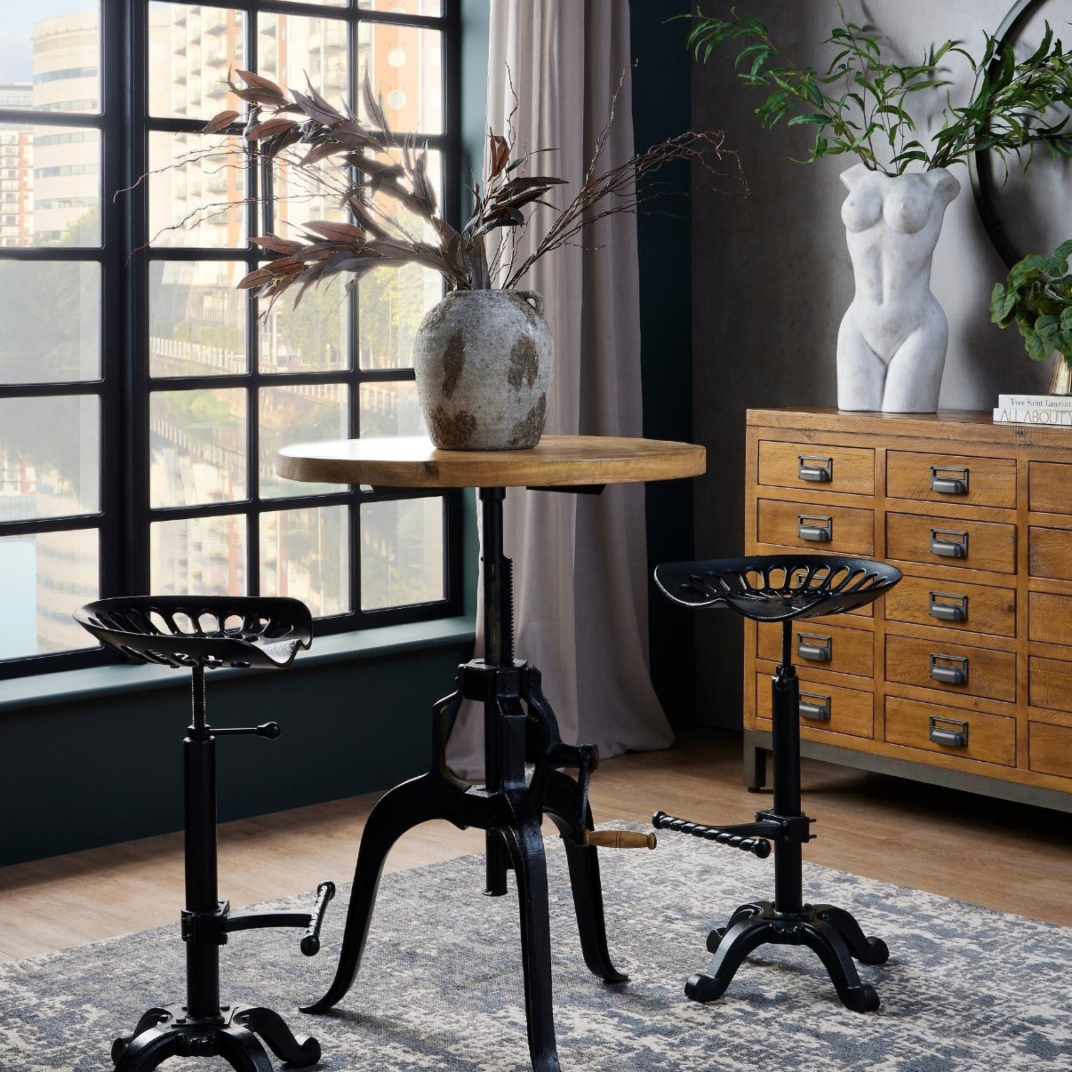 Adjustable Tractor Bar Stool With Black Metal Frame