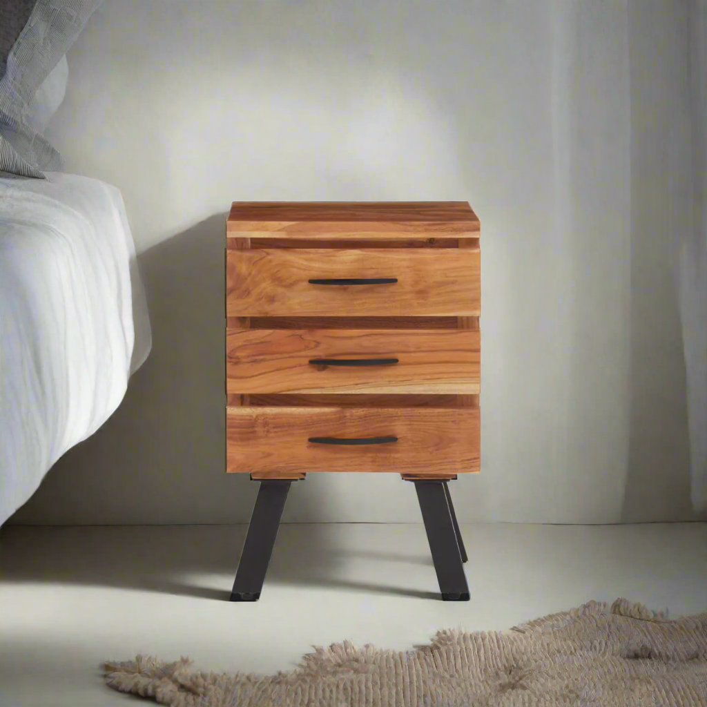 Rama Three Drawer Acacia Wood Side Table