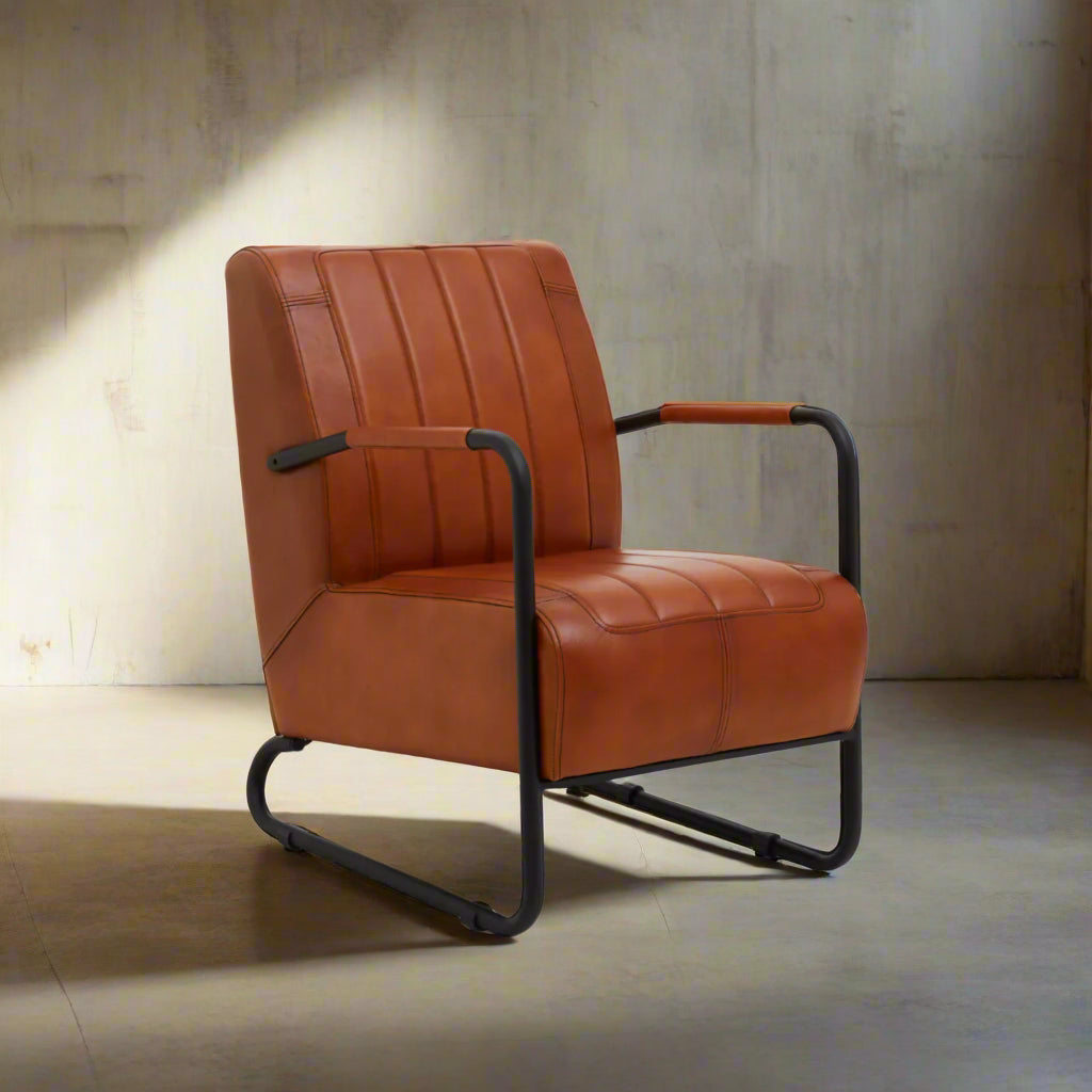 Bovine Tan Leather Armchair With Black Iron Frame