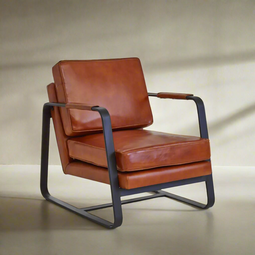 Bovine Tan Leather Armchair With Black Iron Frame