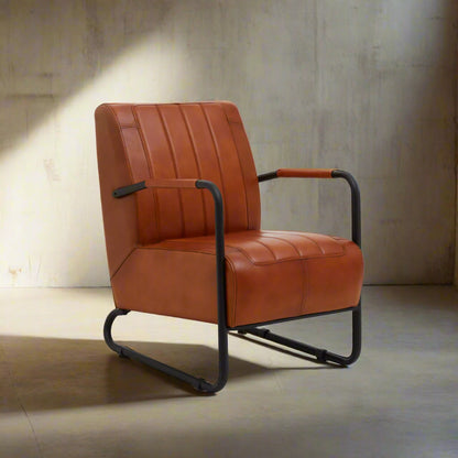 Bovine Tan Leather Armchair With Black Iron Frame