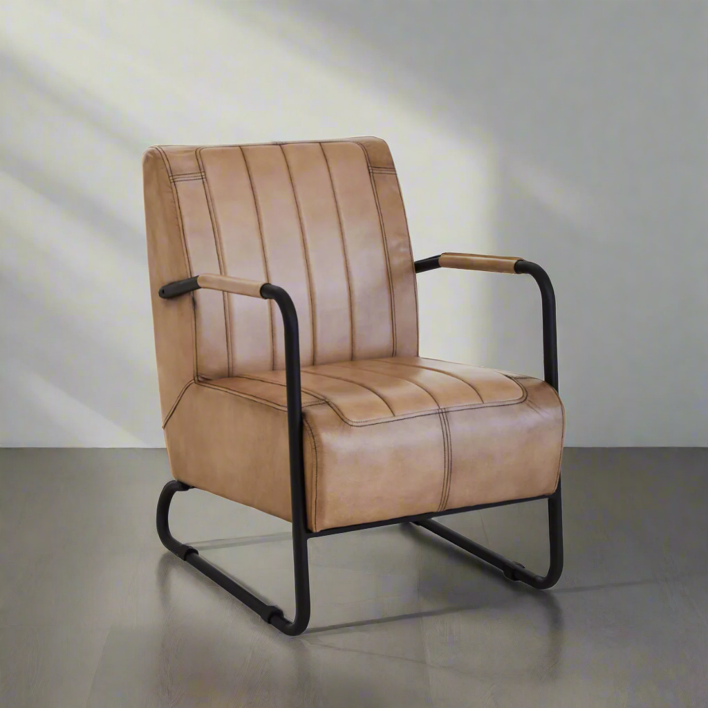 Bovine Grey Leather Armchair With Black Iron Frame
