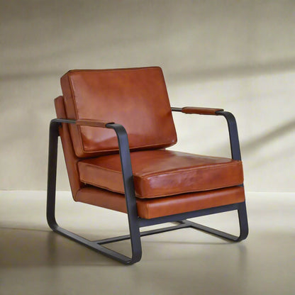 Bovine Tan Leather Armchair With Black Iron Frame