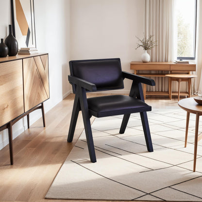 Bovine Black Leather Armchair With Wood Frame