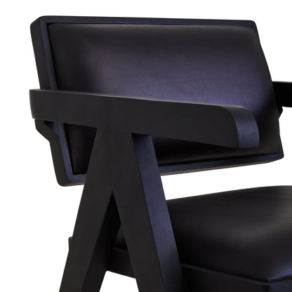 Bovine Black Leather Armchair With Wood Frame