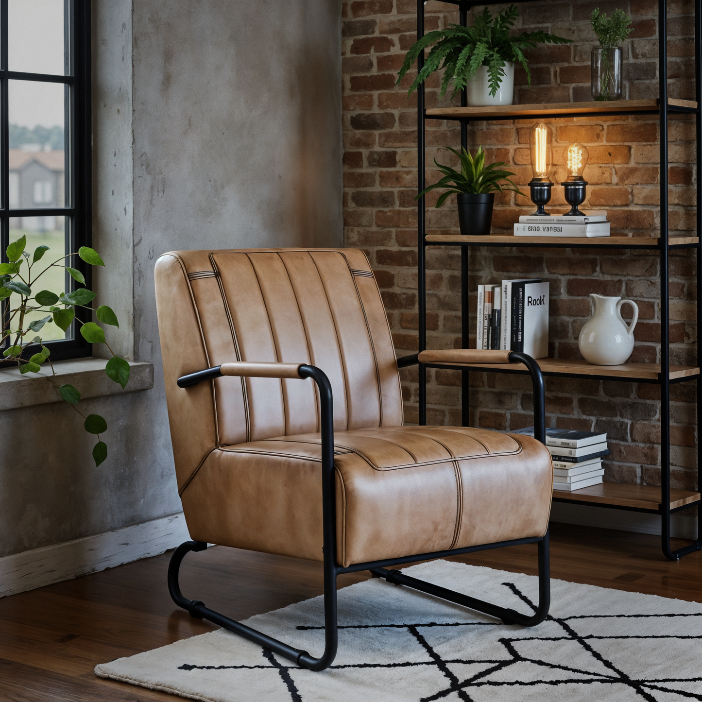 Bovine Grey Leather Armchair With Black Iron Frame