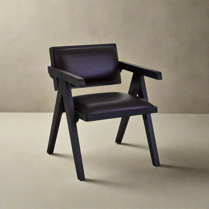 Bovine Black Leather Armchair With Wood Frame